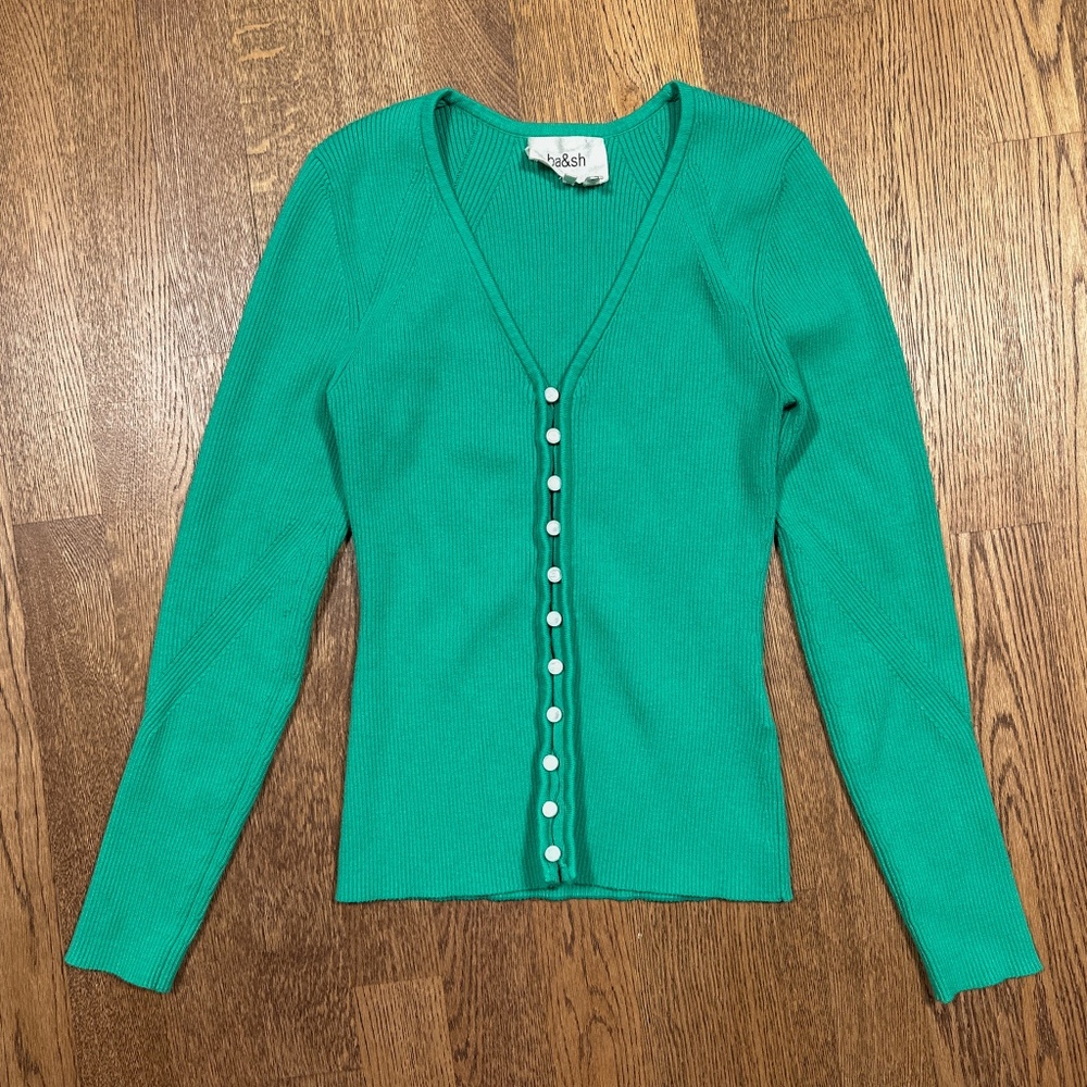 ba&sh Wila Green Teal Ribbed Viscose Blend Cardigan Sweater Womens Medium